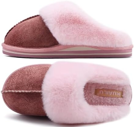 Womens Slippers, Fluff Dual Memory Foam Slippers Ladies in Pink